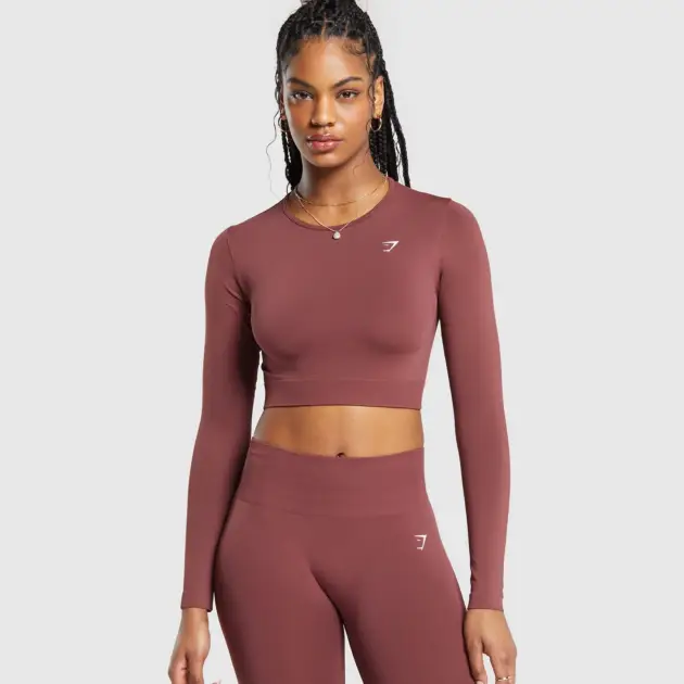 Everyday Seamless Long Sleeve Crop Top Burgundy Brown // GYMSHARK