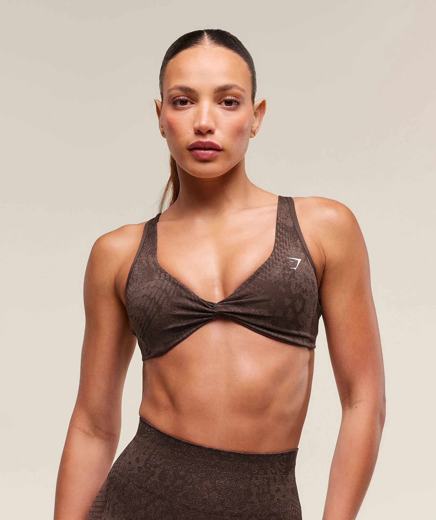 Adapt X Whitney Animal Seamless Twist Front Bra Soft Brown // GYMSHARK